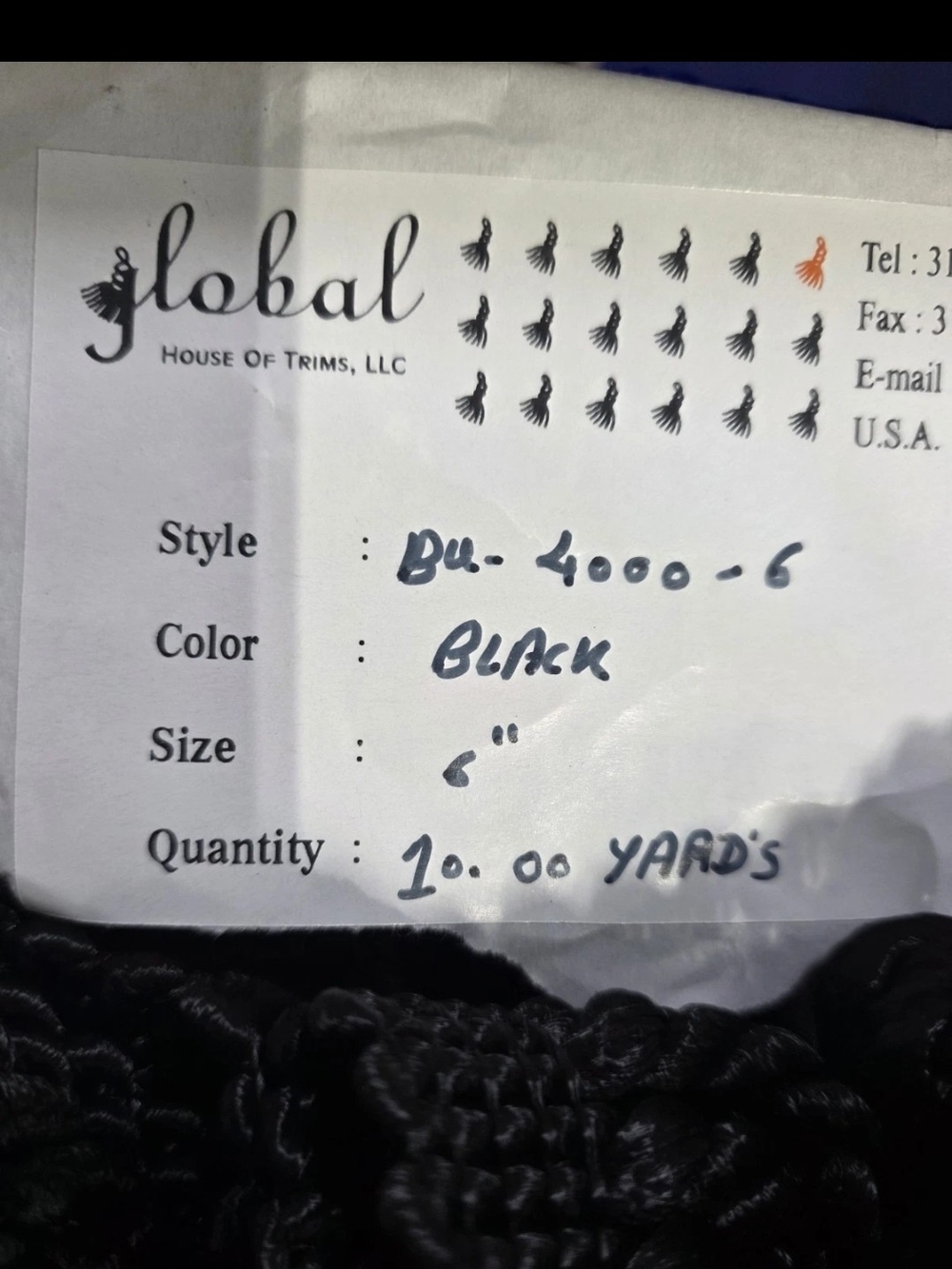 Global House of Trims Upholstery Fabric Builluion Trim Black 6" Length